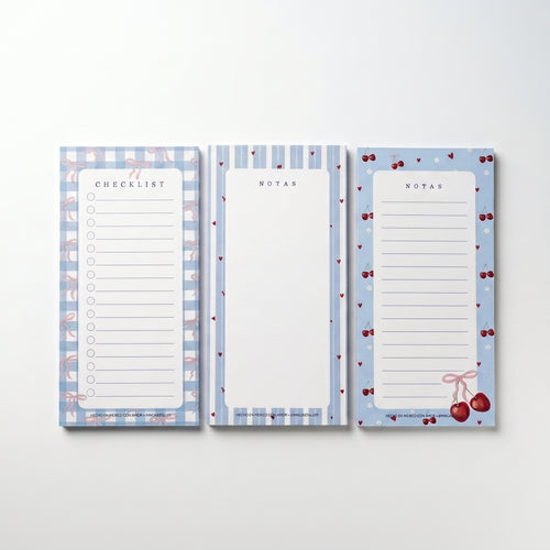 Tres notepads Cherry Picnic con diseños distintos de cerezas y moños, juntos