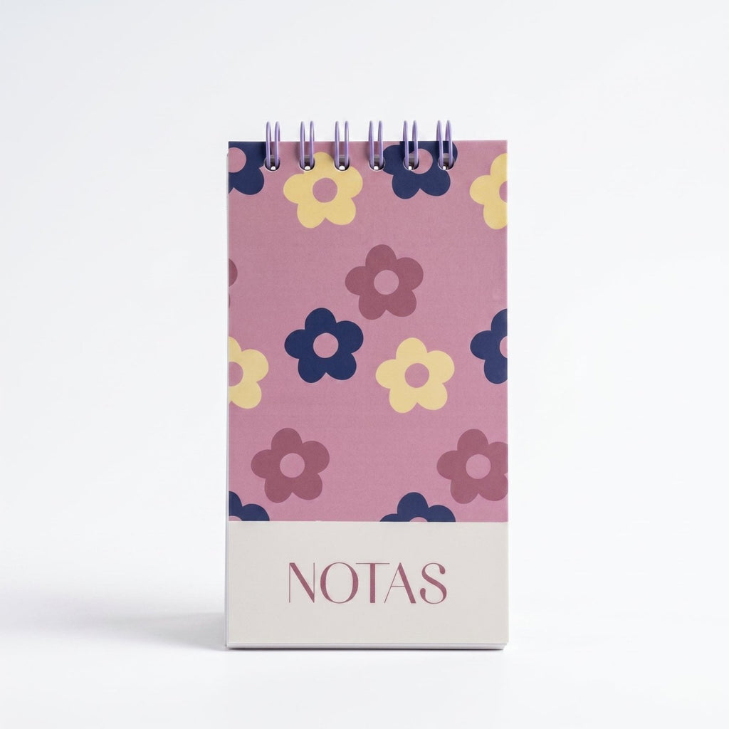 Libreta de notas Flor Morado vertical con arillo metálico superior, tapa dura mate y elástico