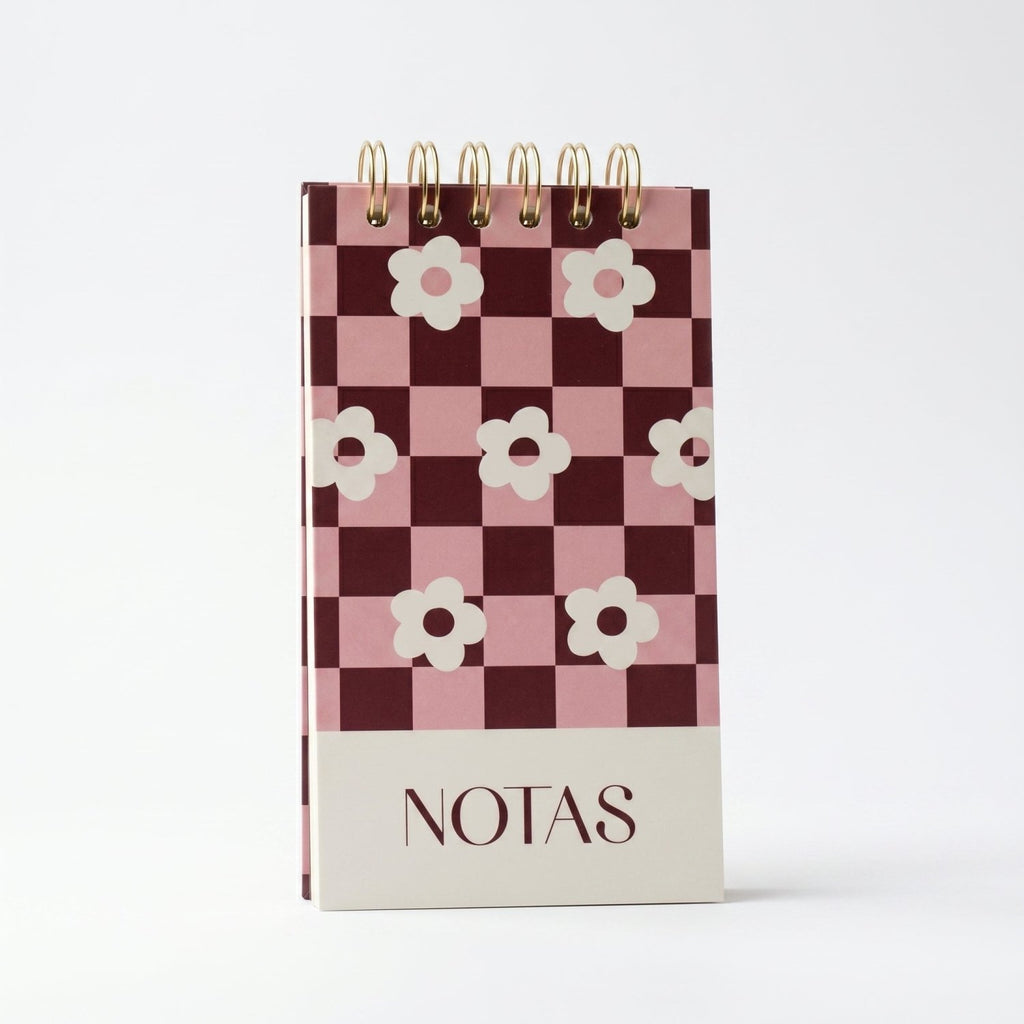 Libreta de notas Flor Morado Picnic vertical con arillo metálico superior, tapa dura mate y elástico