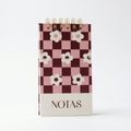Libreta de notas Flor Morado Picnic vertical con arillo metálico superior, tapa dura mate y elástico