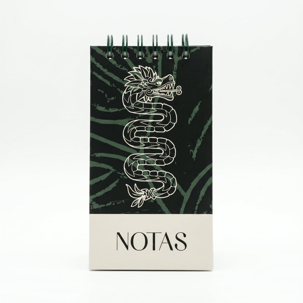 Libreta de notas Quetzalcóatl vertical con arillo metálico superior, tapa dura mate y elástico