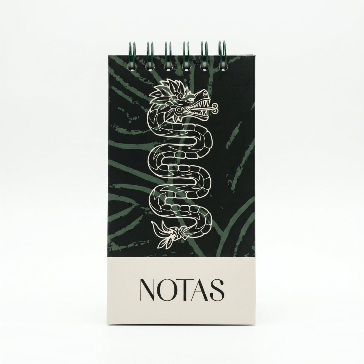 Libreta de notas Quetzalcóatl vertical con arillo metálico superior, tapa dura mate y elástico