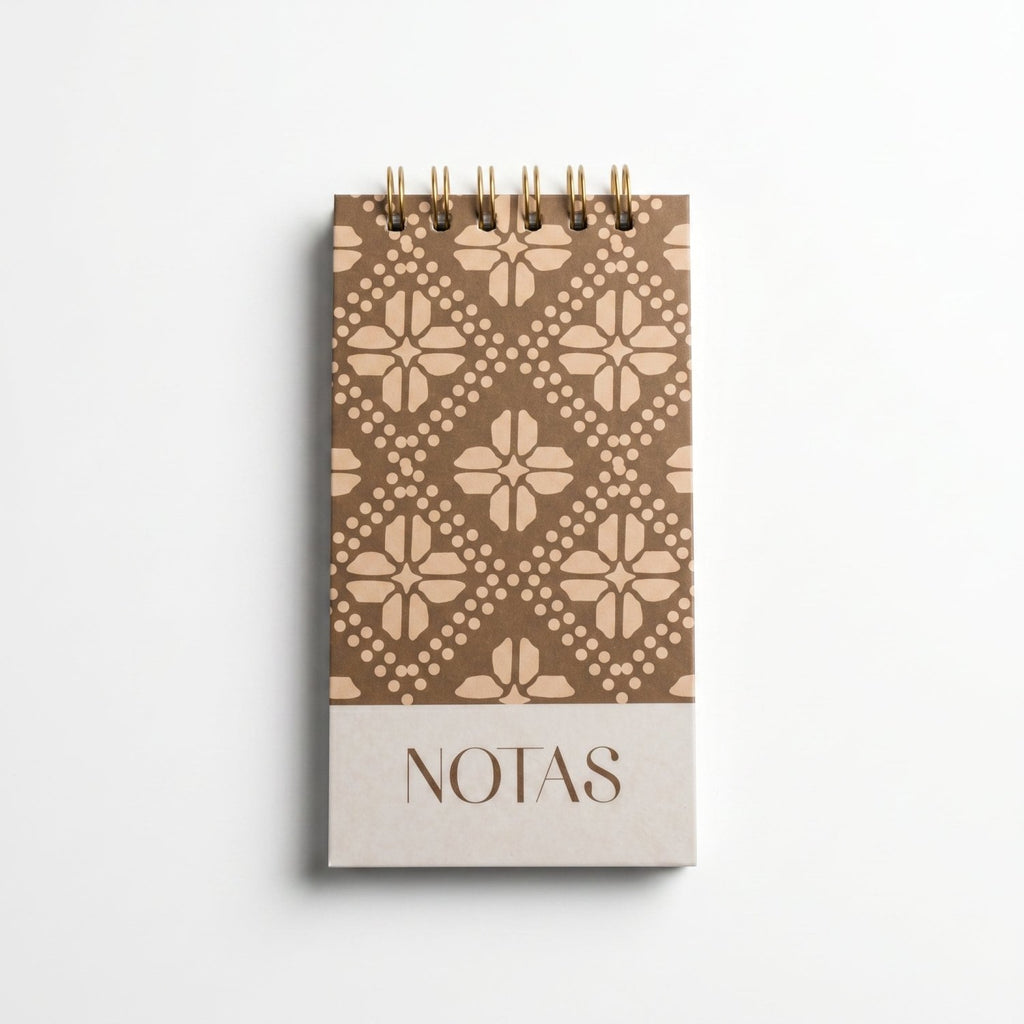 Libreta de notas Tejido Café vertical con arillo metálico superior, tapa dura mate y elástico