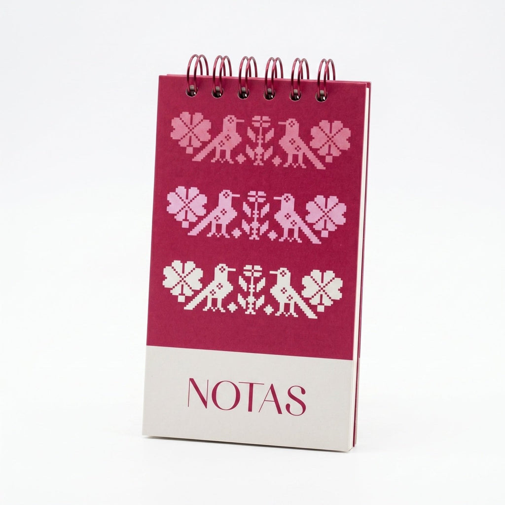Libreta de notas Tejido Rosa vertical con arillo metálico superior, tapa dura mate y elástico