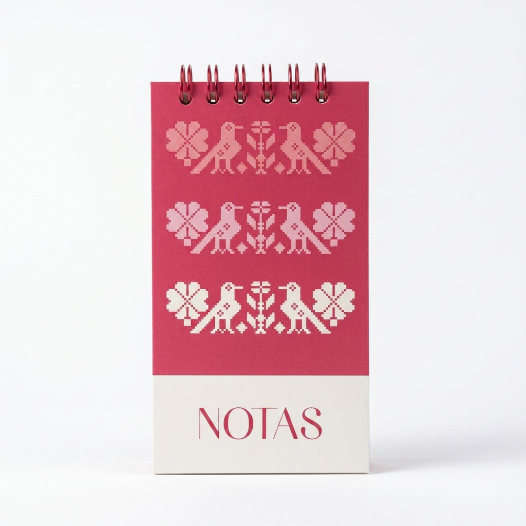 Libreta de notas Tejido Rosa vertical con arillo metálico superior, tapa dura mate y elástico
