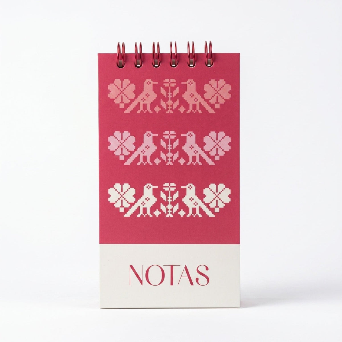 Libreta de notas Tejido Rosa vertical con arillo metálico superior, tapa dura mate y elástico