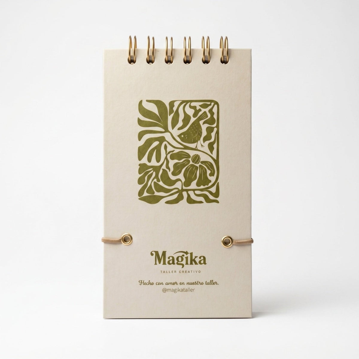 Libreta de notas Trino y Flora vertical con arillo metálico superior, tapa dura mate y elástico