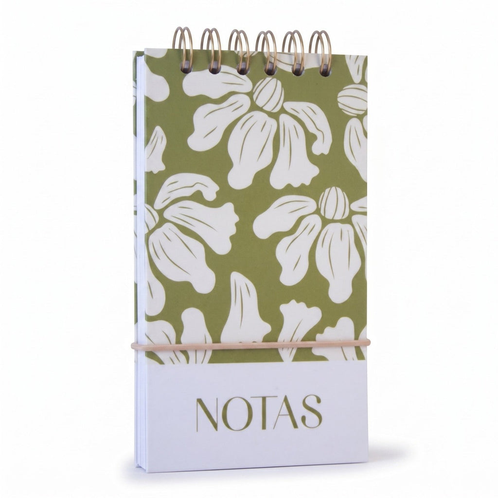 Libreta de notas Trino y Flora vertical con arillo metálico superior, tapa dura mate y elástico