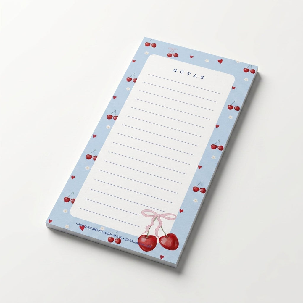 Notepad Cherry Picnic modelo A con ilustración de cerezas y moños, block de hojas desprendibles