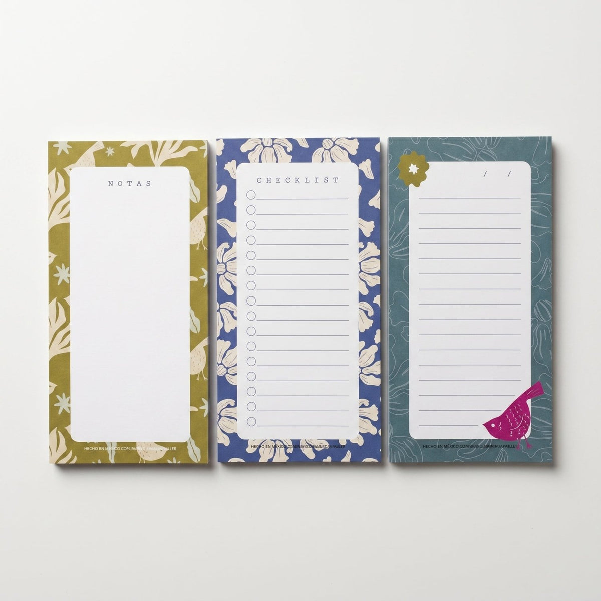 Notepads Trino y Flora en cinco diseños con ilustración de aves y flores, block de hojas desprendibles